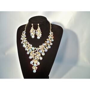 Gold AB rhinestone necklace set, bridal wedding MOB Prom formal evening necklace